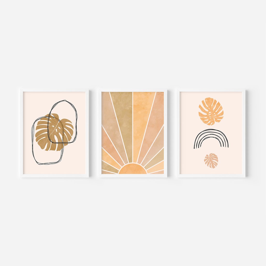Zestaw obrazy w ramie, plakaty - liście, monstera, abstrakcja - rama biała