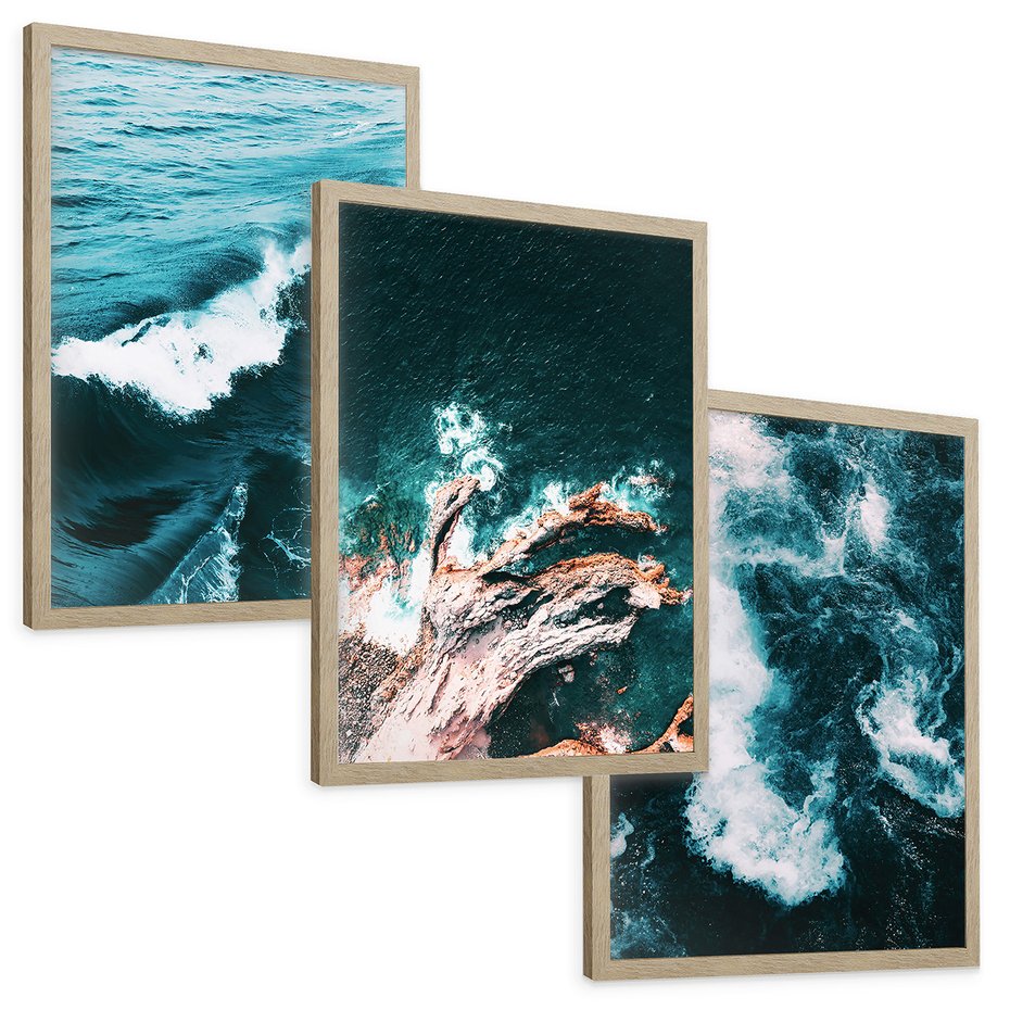 Zestaw obrazy w ramie, plakaty - woda, fale, morze - rama drewno