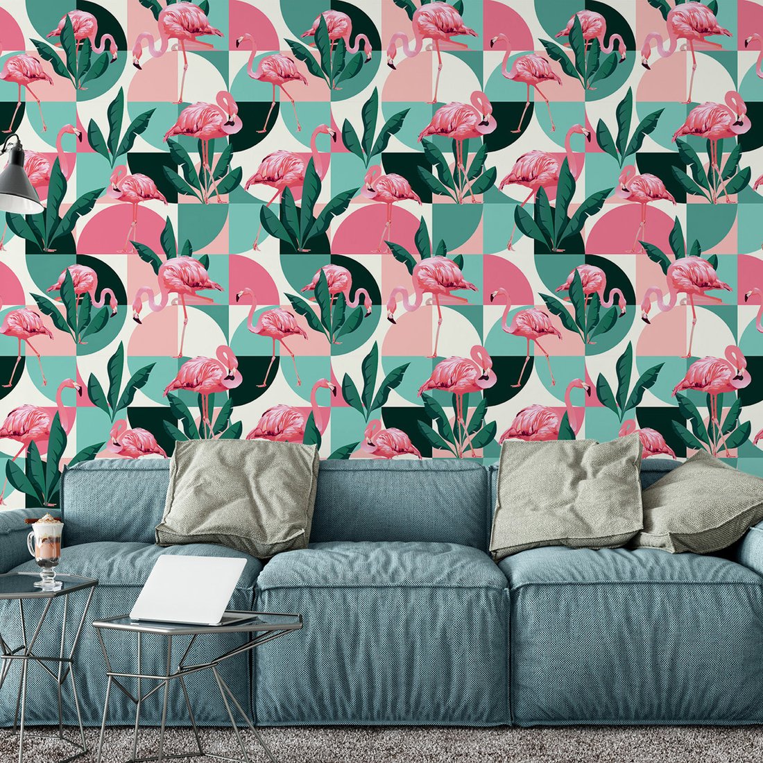 Tapeta - flamingi, liście, geometria