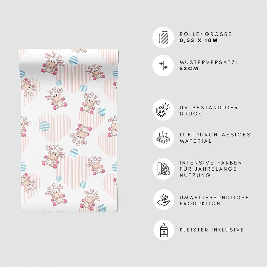 Tapeta - dziecięca, żyrafa, serca, kropki