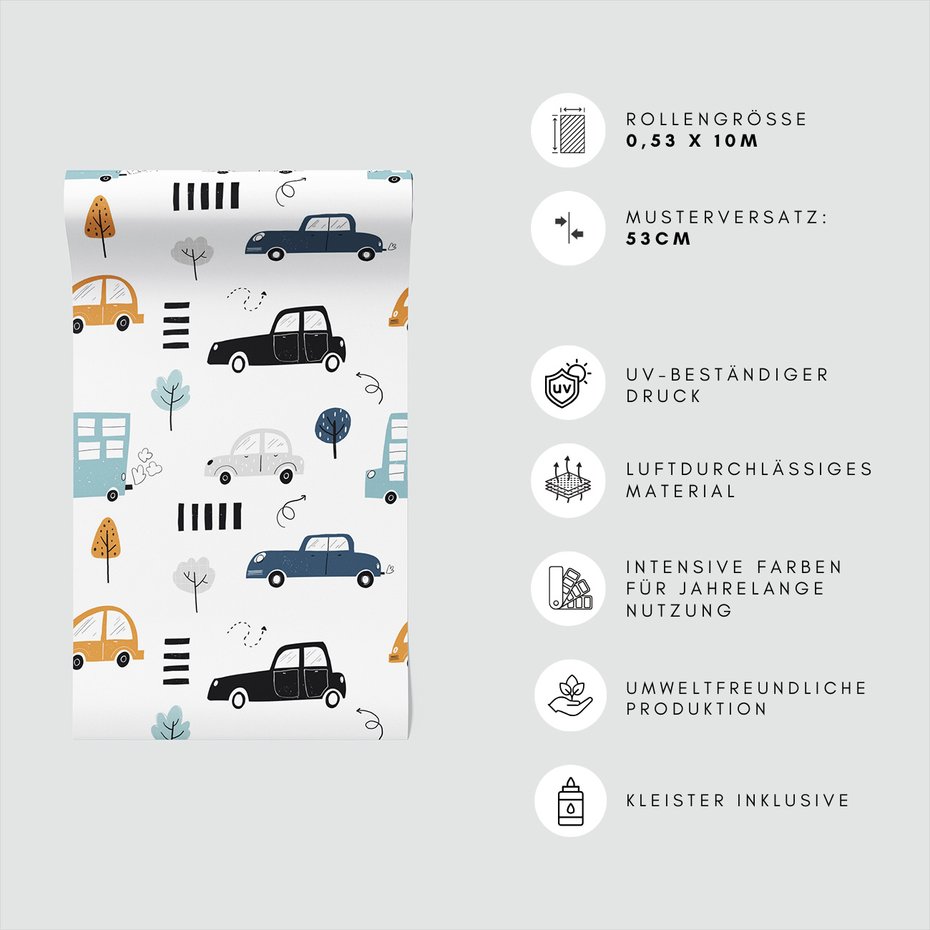 Tapeta - dziecięca, samochody, drzewa, pasy