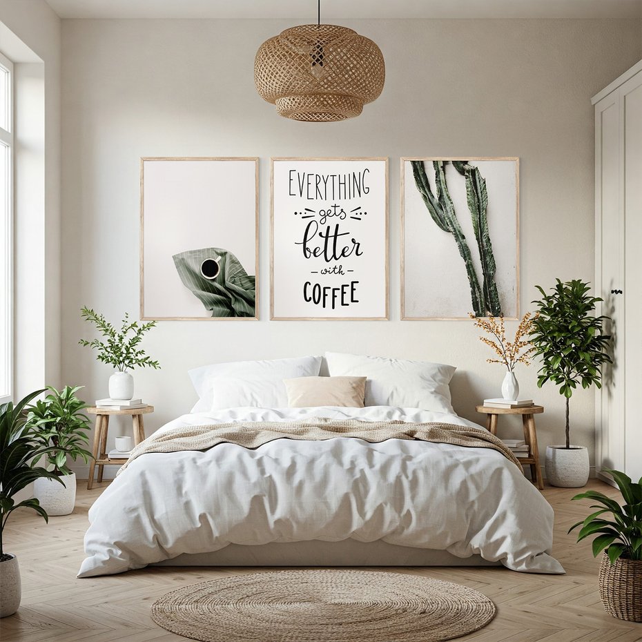 Zestaw obrazy w ramie, plakaty - kawa, kaktus, napisy - rama drewno