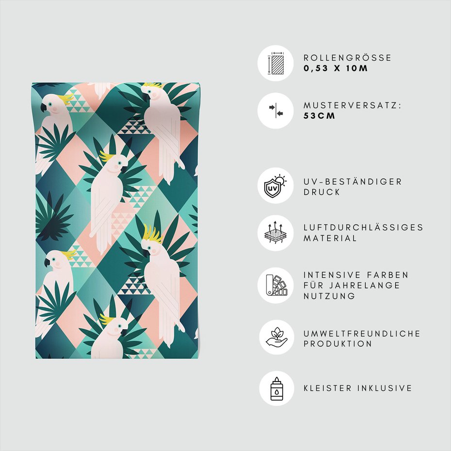 Tapeta - papuga, liście, trójkąty