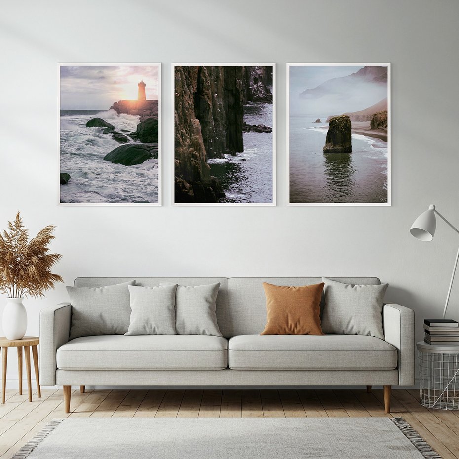 Zestaw obrazy w ramie, plakaty - morze, skały, wybrzeże - rama biała