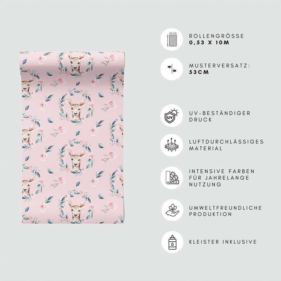 Tapeta - dziecięca, sarna, róże, wieniec