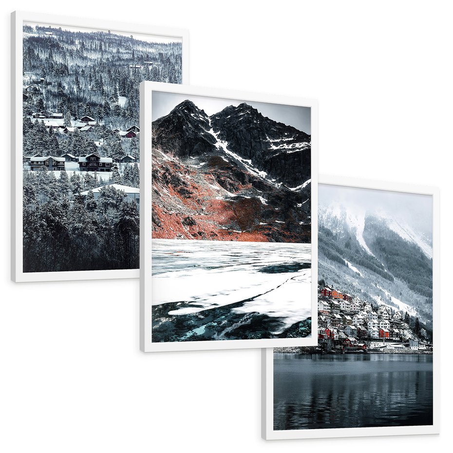 Zestaw obrazy w ramie, plakaty - śnieg, góry, zima - rama biała