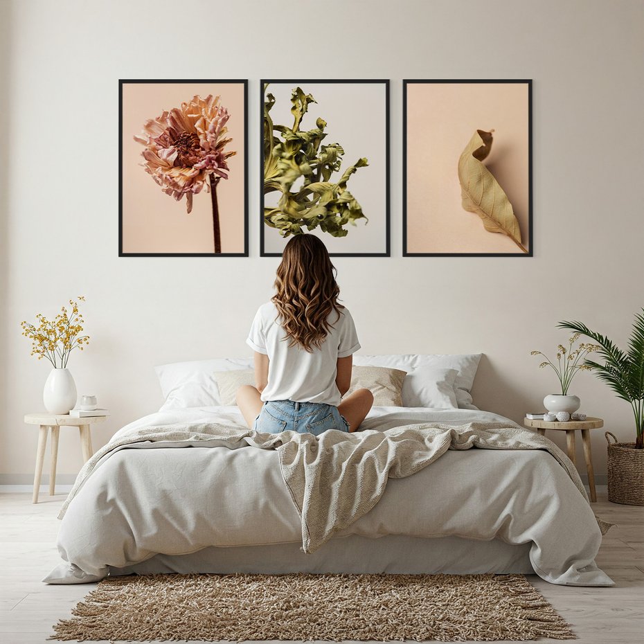 Zestaw obrazy w ramie, plakaty - liść, kwiat, suchy - rama czarna