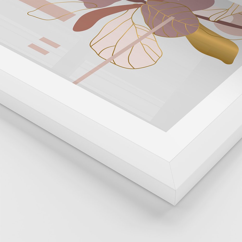 Zestaw obrazy w ramie, plakaty - liście, złoto, abstrakcja - rama biała