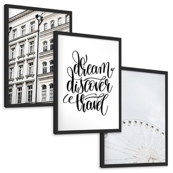 Zestaw obrazy w ramie, plakaty - budynek,typografia,koło - rama czarna