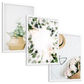 Zestaw obrazy w ramie, plakaty - kwiaty, liście, eukaliptus - rama biała