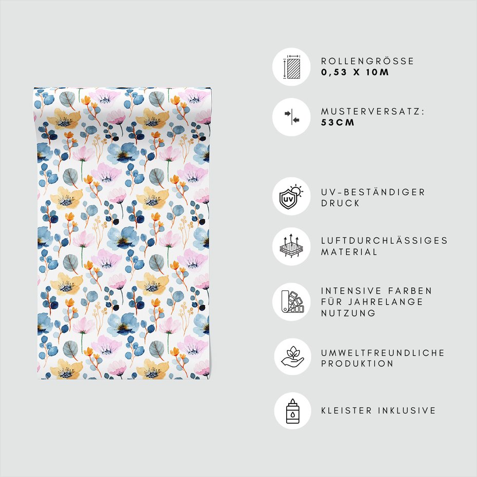 Tapeta - kwiaty, liście, akwarela