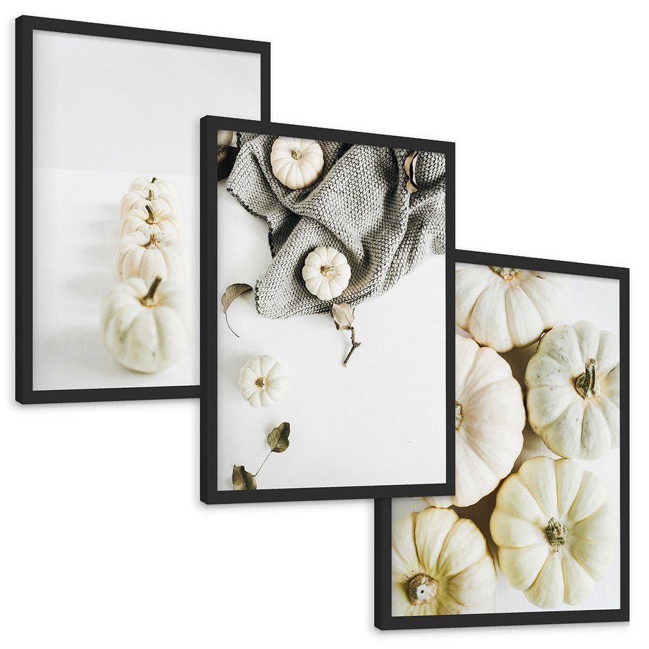 Zestaw obrazy w ramie, plakaty - dynie, jesień, dekoracje - rama czarna