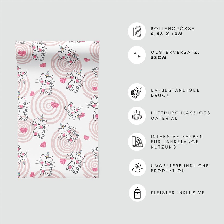 Tapeta - dziecięca, koty, jednorożce, serca