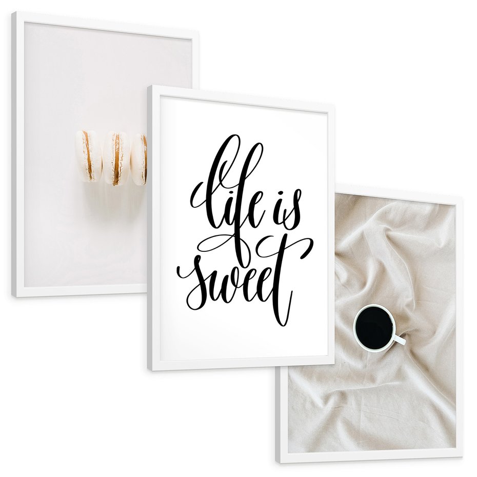 Zestaw obrazy w ramie, plakaty - makaroniki, kawa, napisy - rama biała