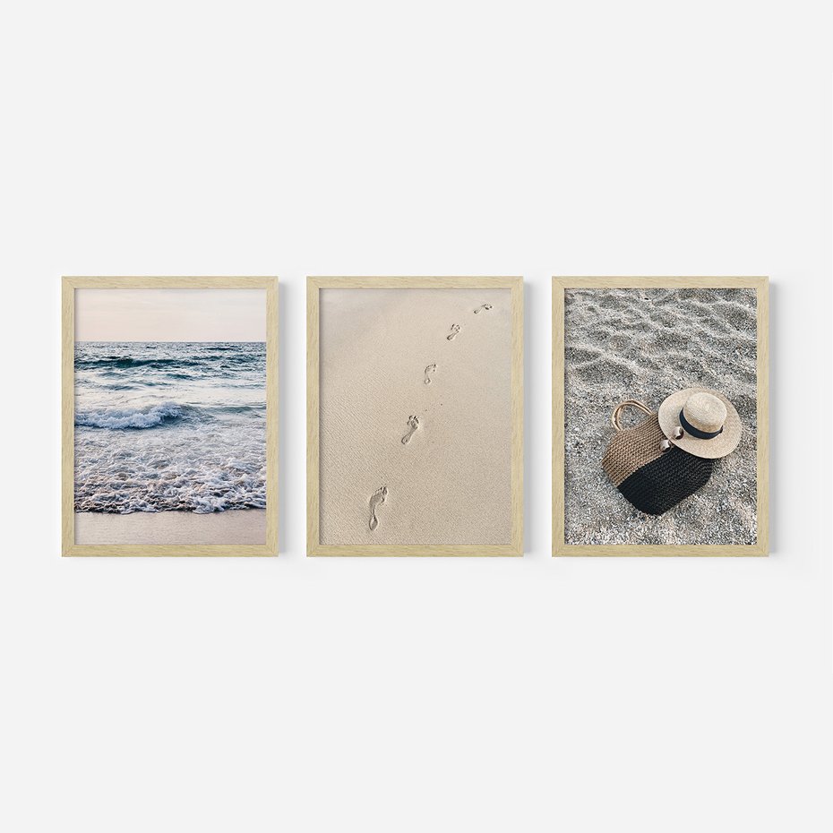 Zestaw obrazy w ramie, plakaty - plaża, morze, piasek - rama drewno