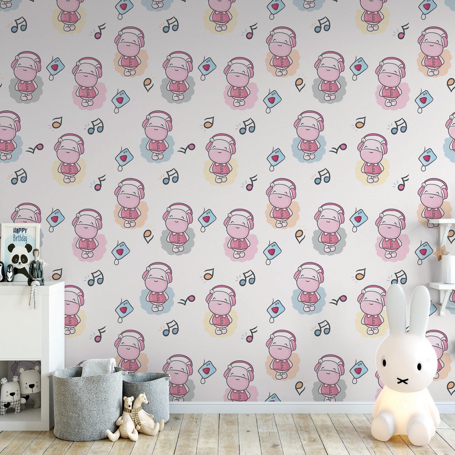 Tapeta - dziecięca, hipopotam, słuchawki, muzyka
