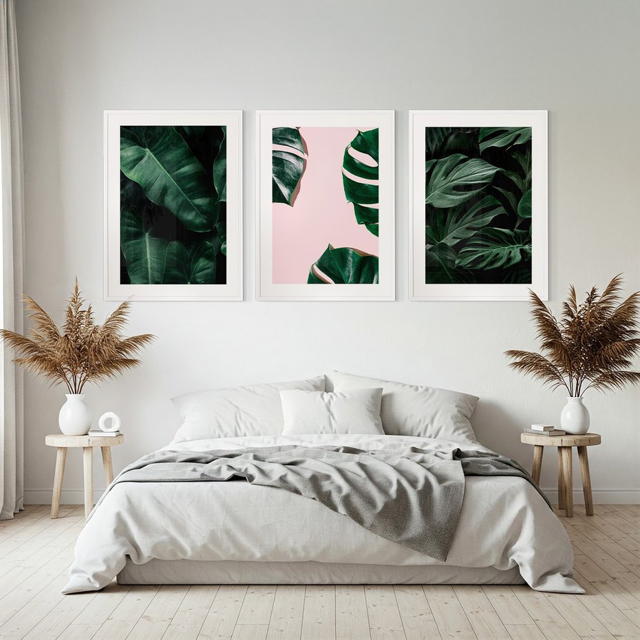 Zestaw obrazy w ramie, plakaty - liście, monstera, rośliny - rama biała