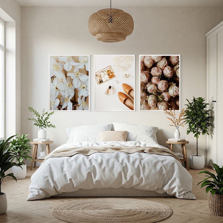 Zestaw obrazy w ramie, plakaty - kwiaty,róże,perfumy - rama biała