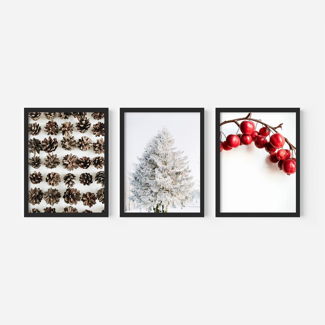 Zestaw obrazy w ramie, plakaty - szyszki, jabłka, zima - rama czarna