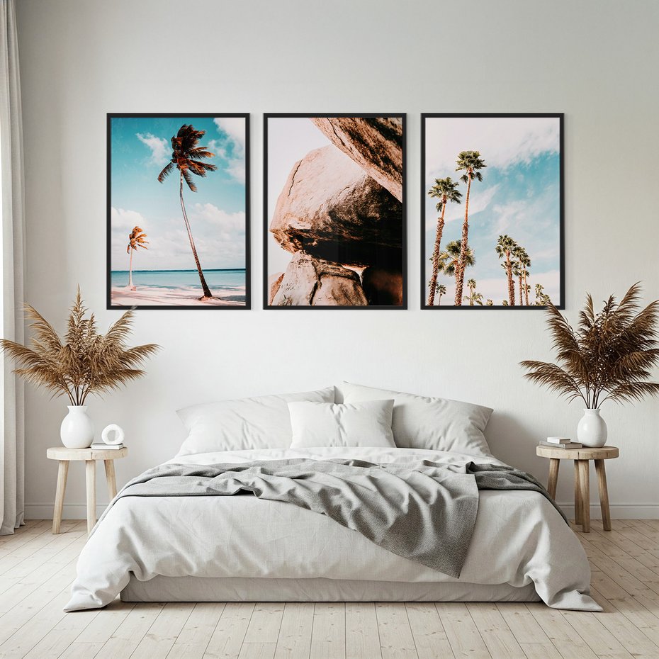 Zestaw obrazy w ramie, plakaty - palmy, skały, niebo - rama czarna