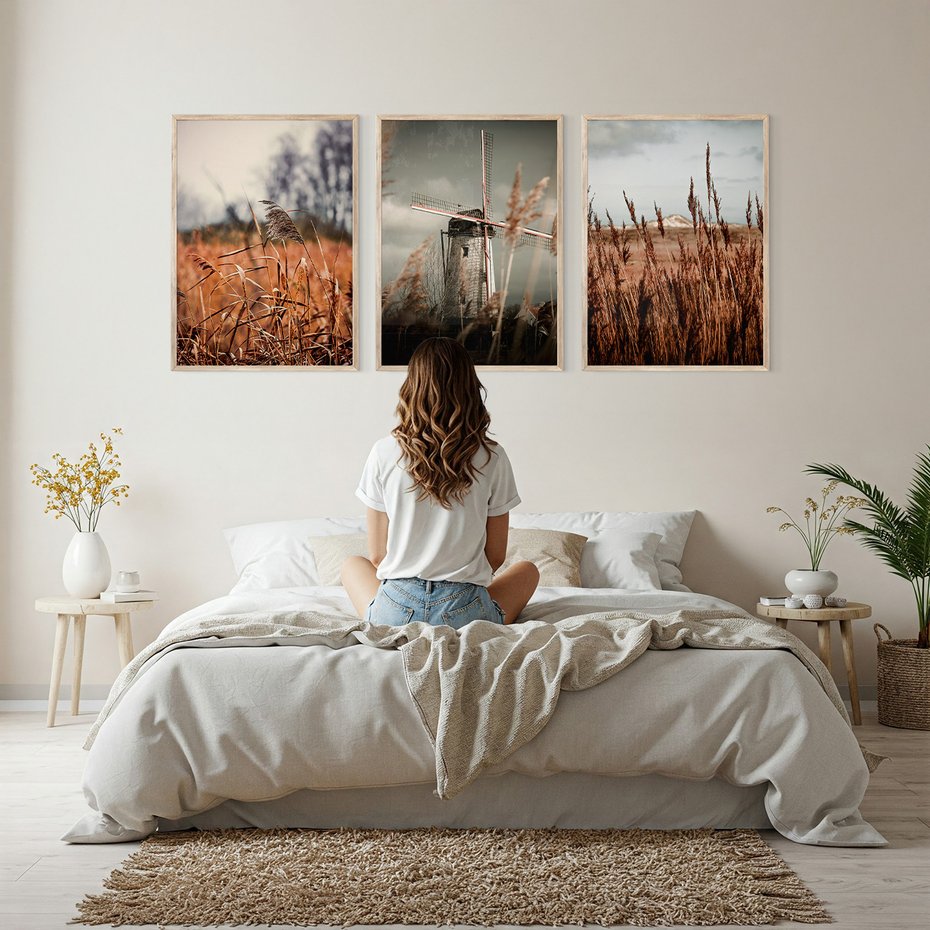Zestaw obrazy w ramie, plakaty - krajobraz, wiatrak, natura - rama drewno