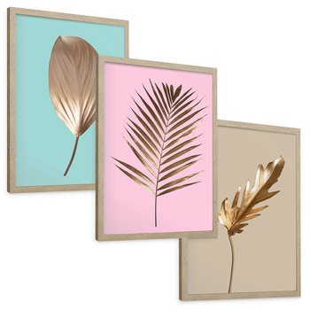 Zestaw obrazy w ramie, plakaty - liście, złoto, roślina - rama drewno