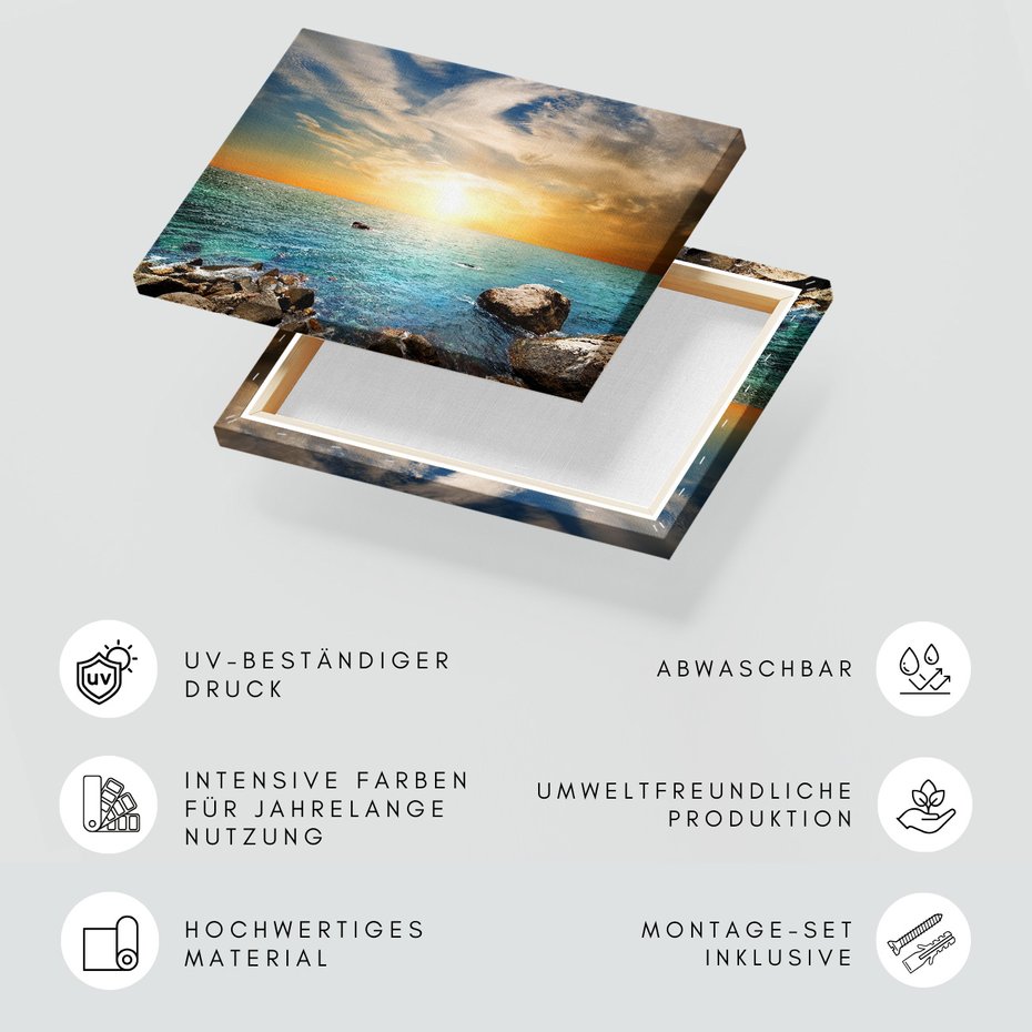 Obraz na płótnie - morze, skały, zachód słońca