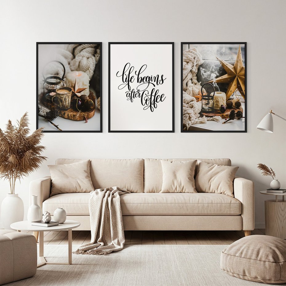 Zestaw obrazy w ramie, plakaty - kawa, świece, dekoracje - rama czarna