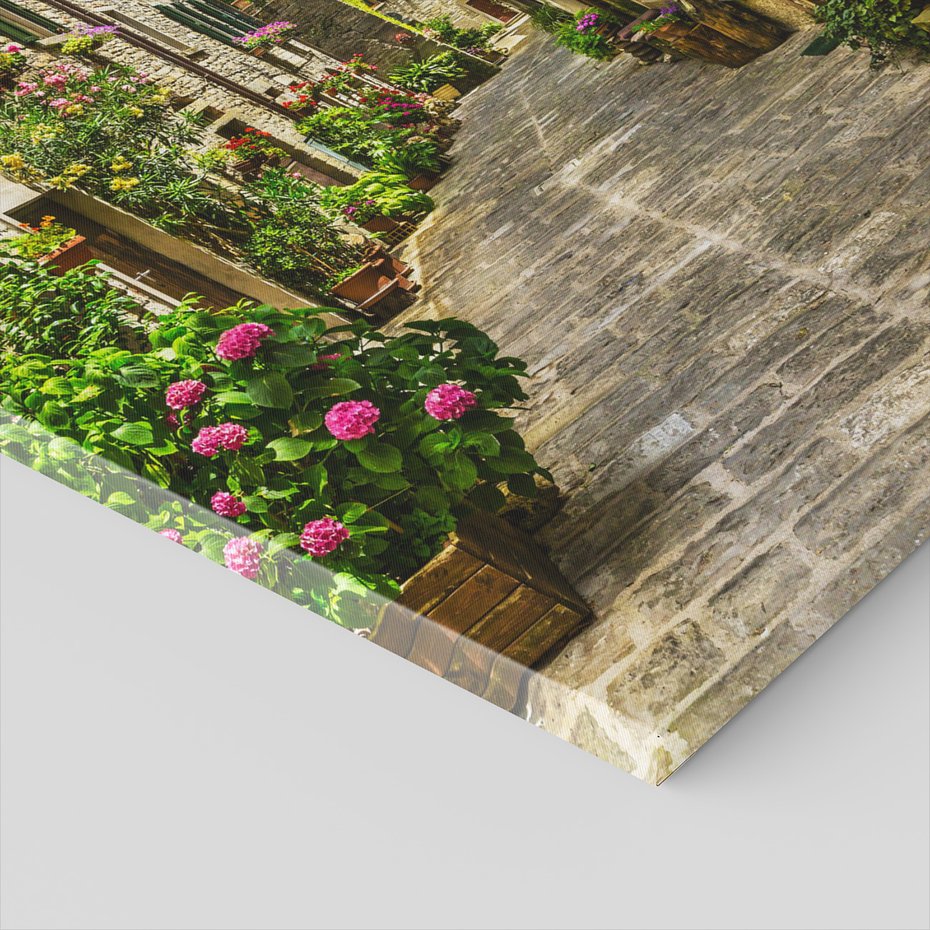 Obraz na płótnie - uliczka, kwiaty, budynki