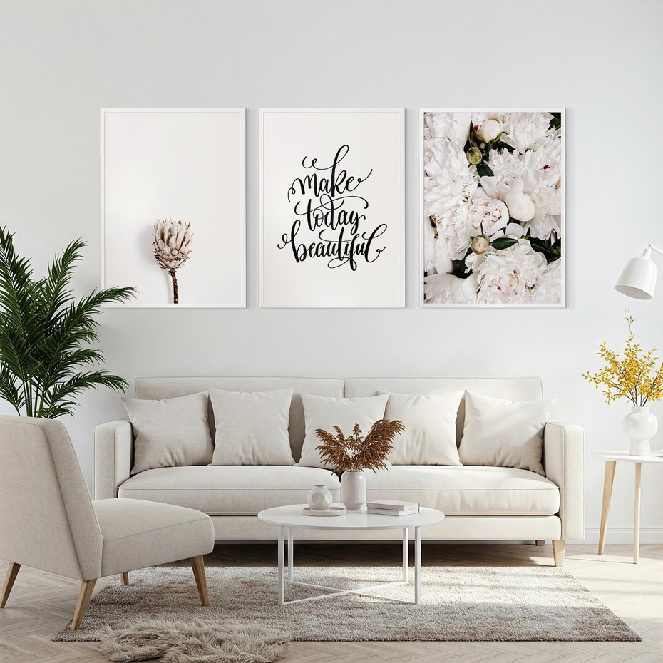 Zestaw obrazy w ramie, plakaty - kwiaty, napisy, protea - rama biała