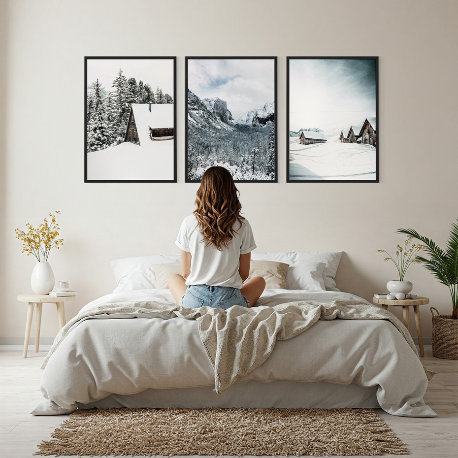 Zestaw obrazy w ramie, plakaty - zima, śnieg, góry - rama czarna