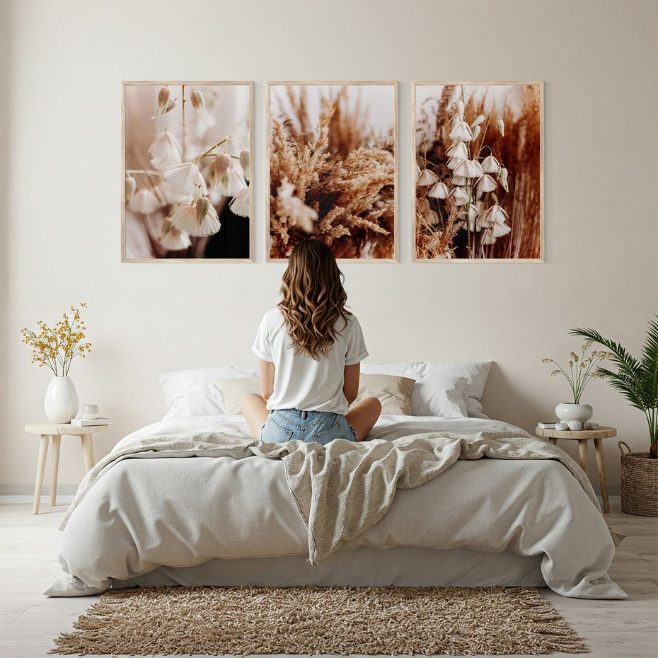 Zestaw obrazy w ramie, plakaty - kwiaty, trawa, pampasowa - rama drewno