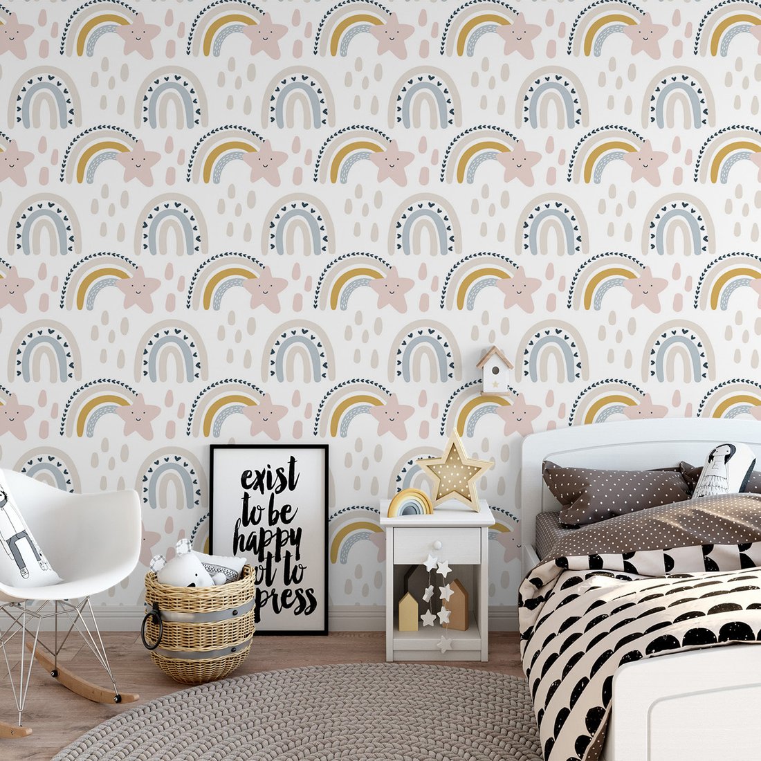 Tapeta - dziecięca, tęcza, gwiazda, krople