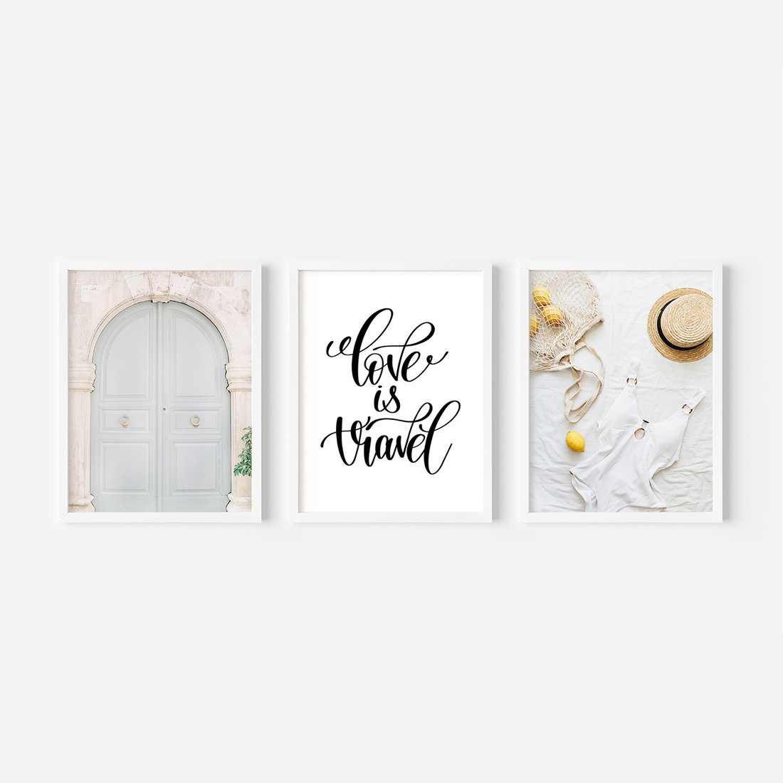 Zestaw obrazy w ramie, plakaty - podróż, cytryny, drzwi - rama biała