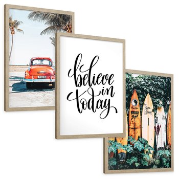 Zestaw obrazy w ramie, plakaty - palmy, samochód, deski surfingowe - rama drewno