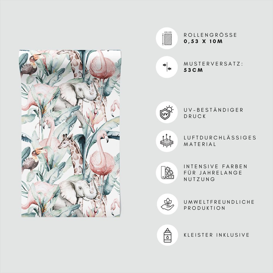 Tapeta - żyrafa, słoń, flaming,