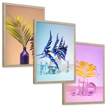 Zestaw obrazy w ramie, plakaty - liście, rośliny, minimalizm - rama drewno