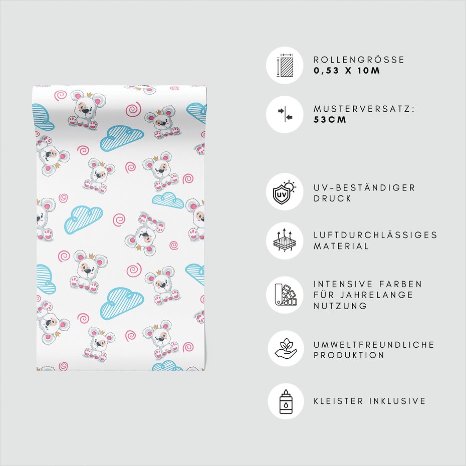 Tapeta - dziecięca, miś, chmura, wzór