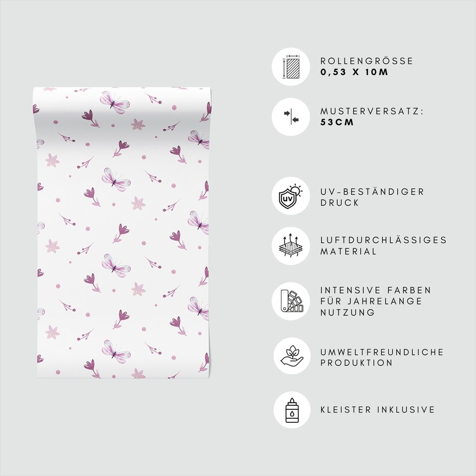 Tapeta - kwiaty, motyle, kropki