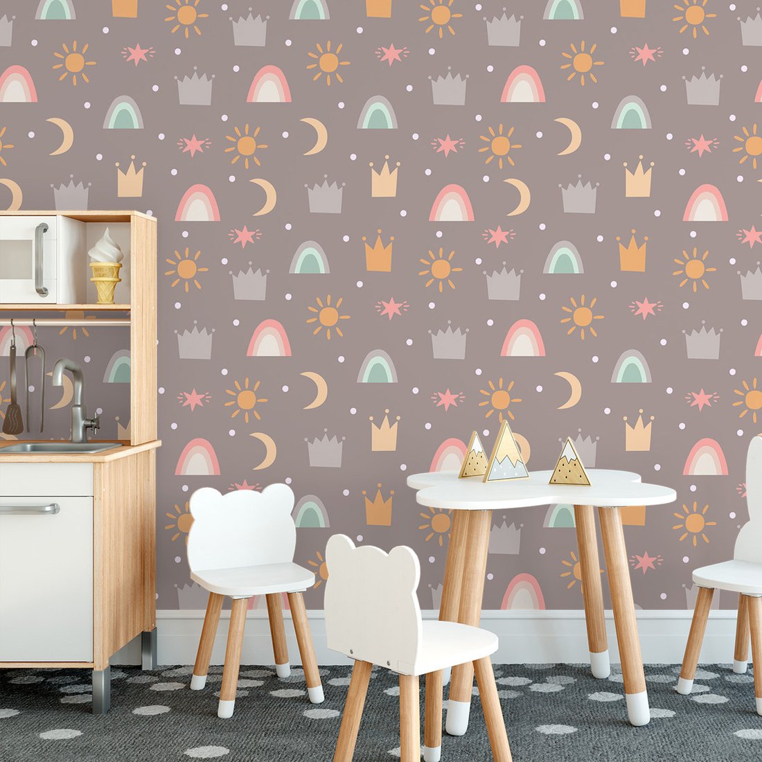 Tapeta - dziecięca, korona, słońce, tęcza