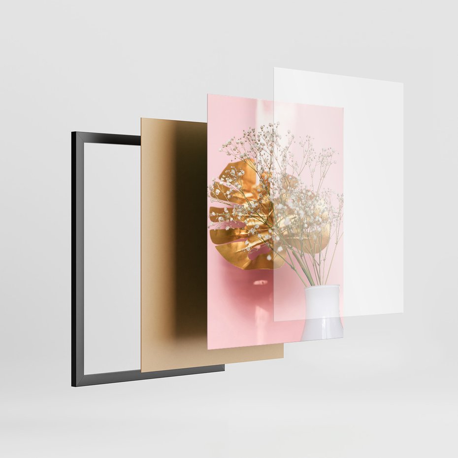 Zestaw obrazy w ramie, plakaty - kwiaty, liście, złoty - rama czarna