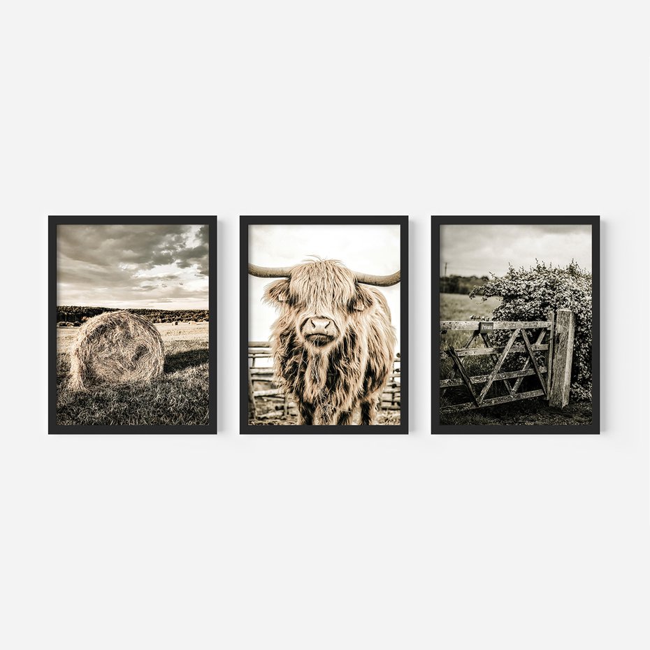 Zestaw obrazy w ramie, plakaty - wieś, zwierzęta, krajobraz - rama czarna