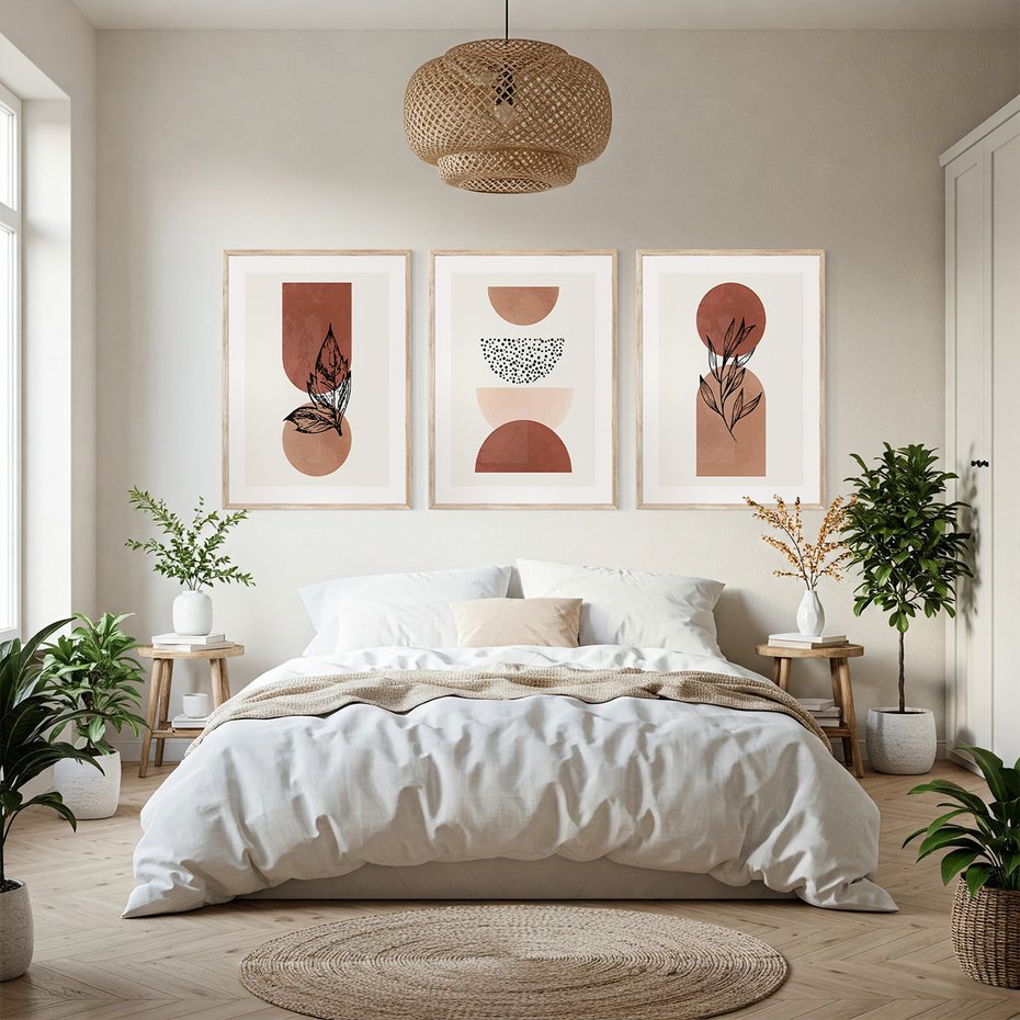 Zestaw obrazy w ramie, plakaty - abstrakcja, liście, kształty - rama drewno
