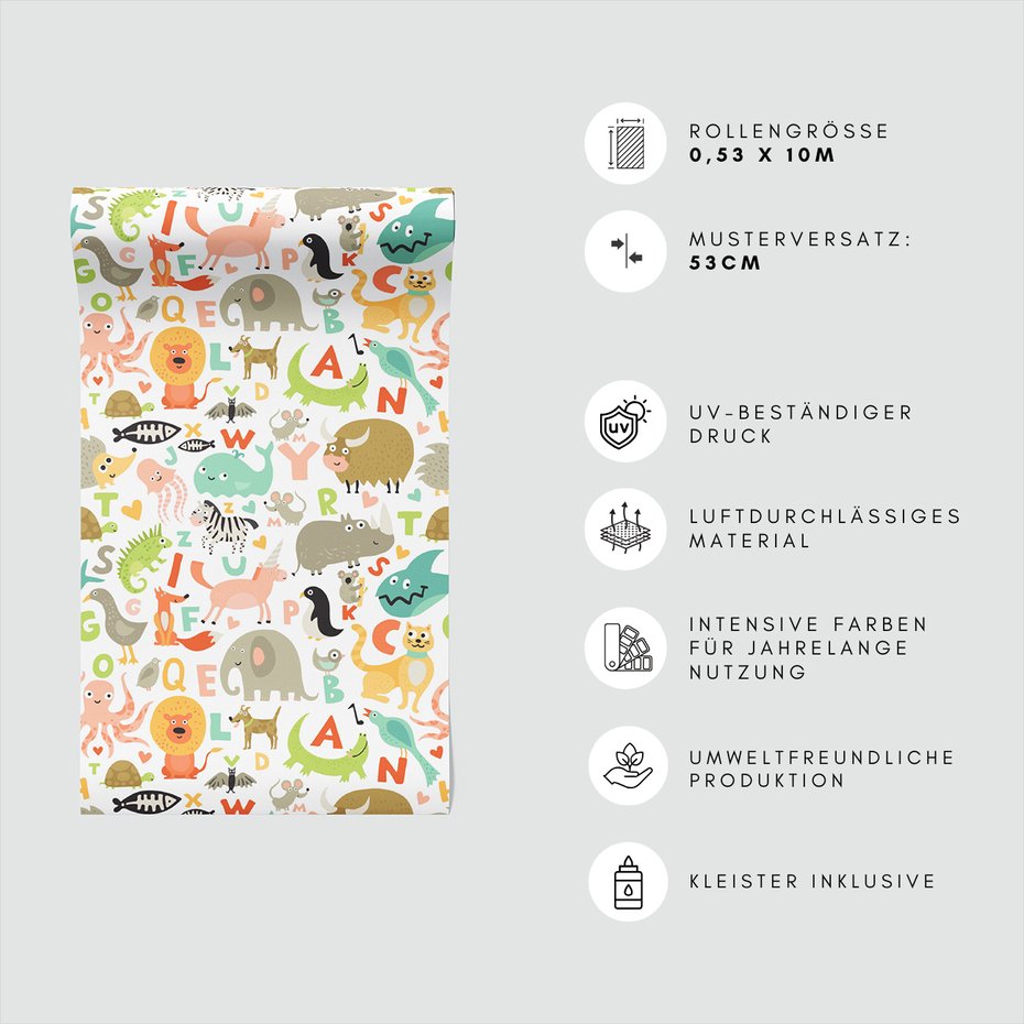 Tapeta - dziecięca, zwierzęta, litery, wzór