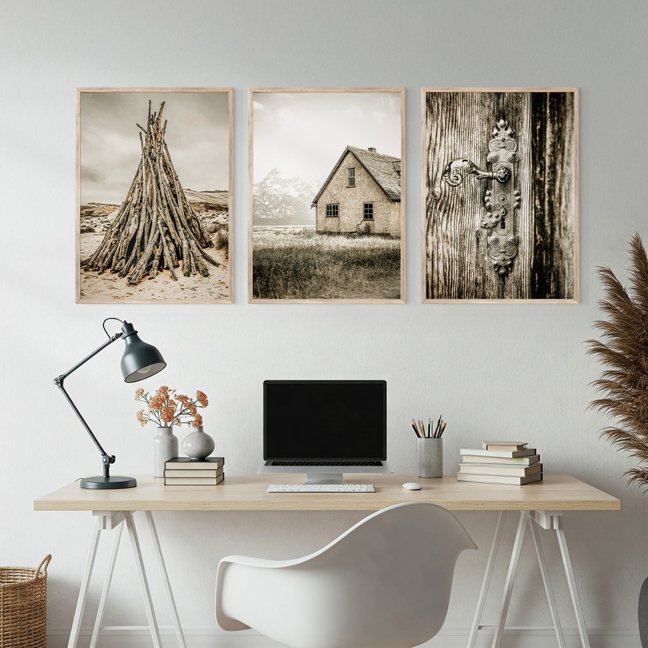 Zestaw obrazy w ramie, plakaty - vintage, dom, drewno - rama drewno