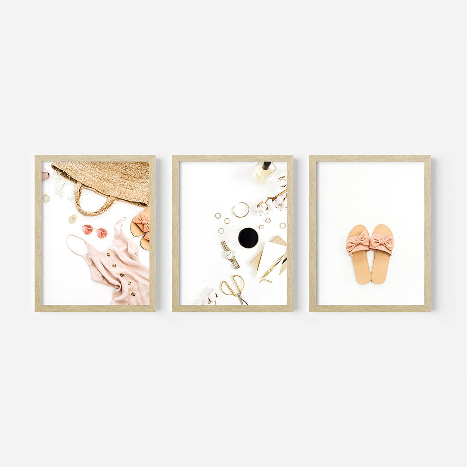 Zestaw obrazy w ramie, plakaty - akcesoria, różowy, złoty - rama drewno