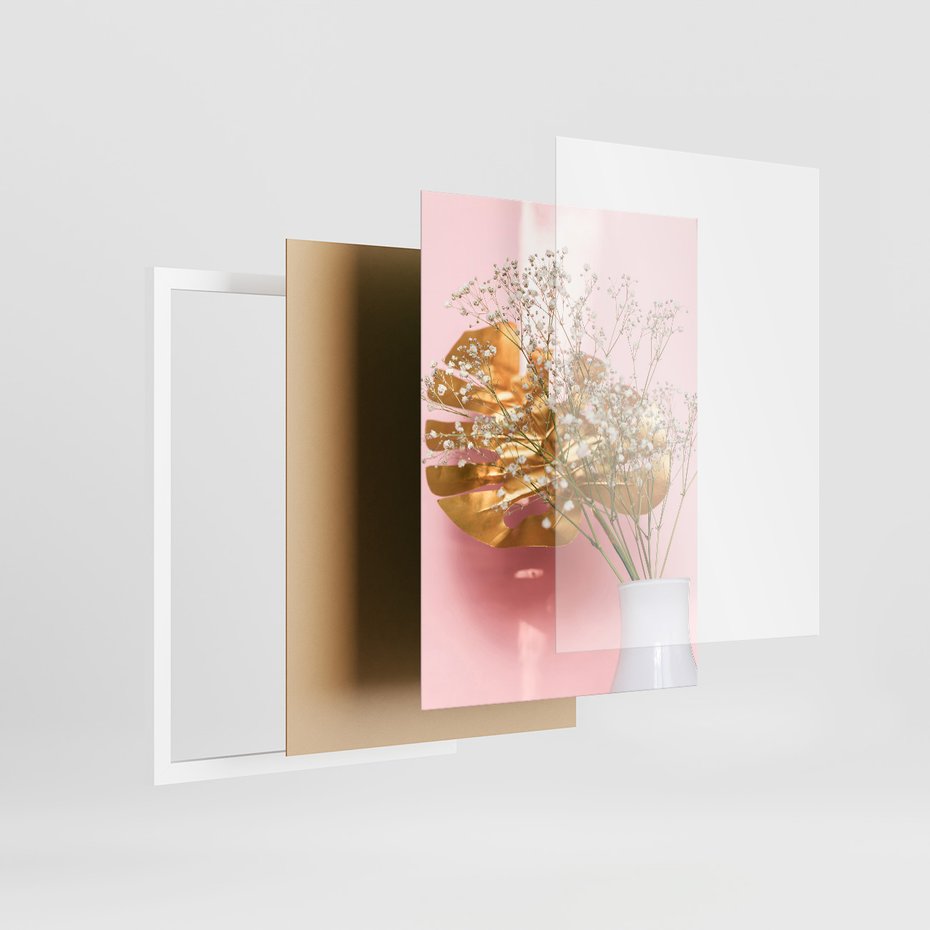 Zestaw obrazy w ramie, plakaty - kwiaty, liście, złoty - rama biała