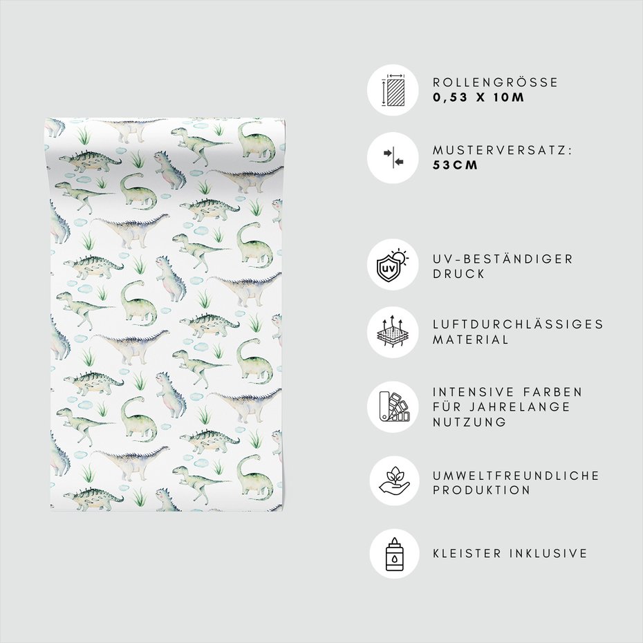 Tapeta - dziecięca, dinozaury, trawa, chmury