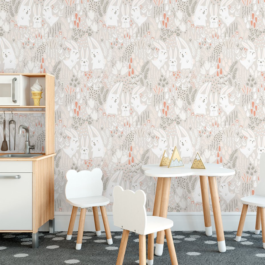 Tapeta - dziecięca, króliki, marchewki, rośliny