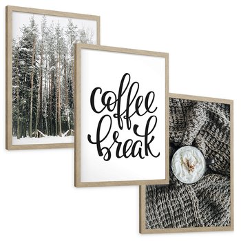 Zestaw obrazy w ramie, plakaty - zima, las, napój - rama drewno